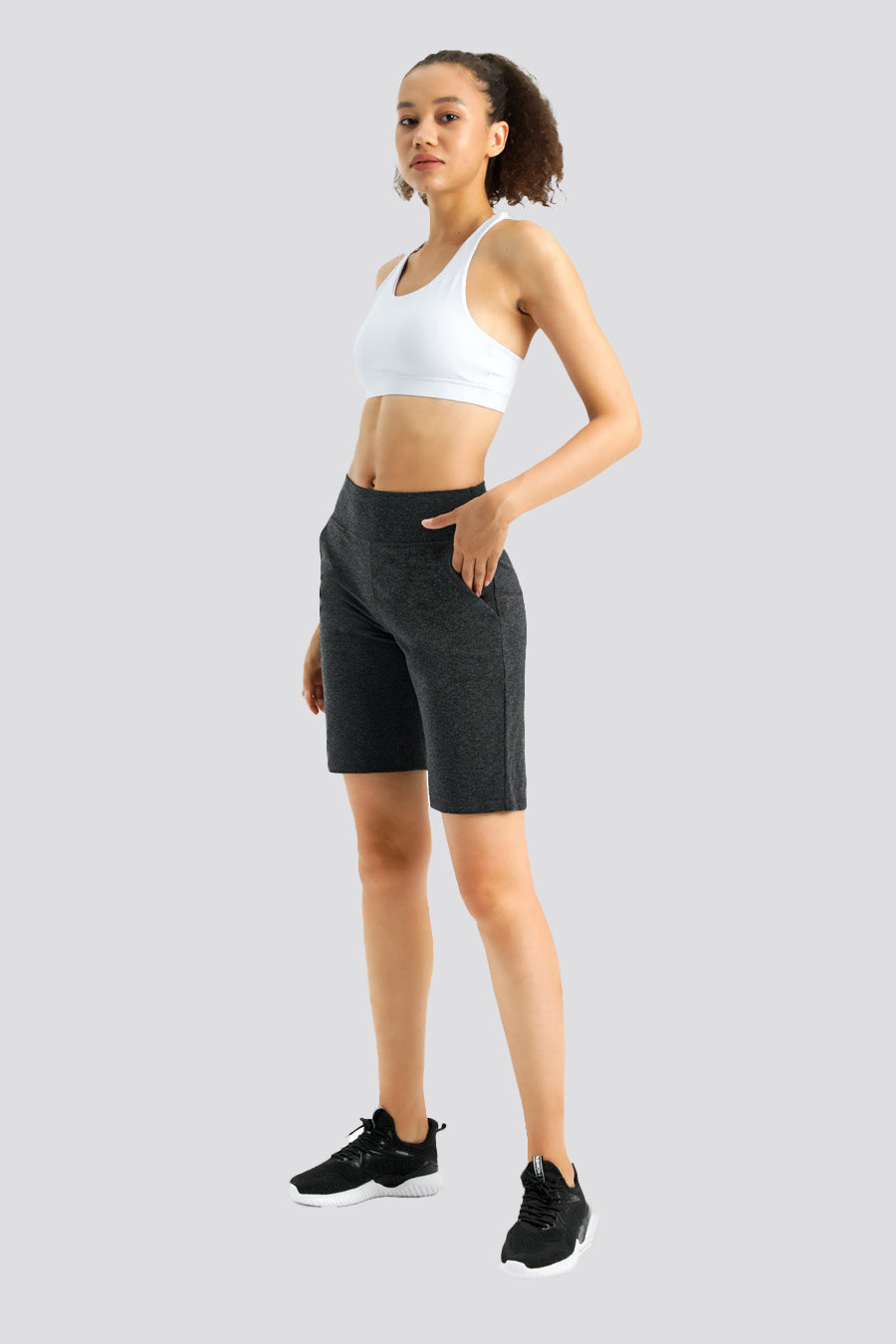 wide waistband shorts Black back Heather Gray